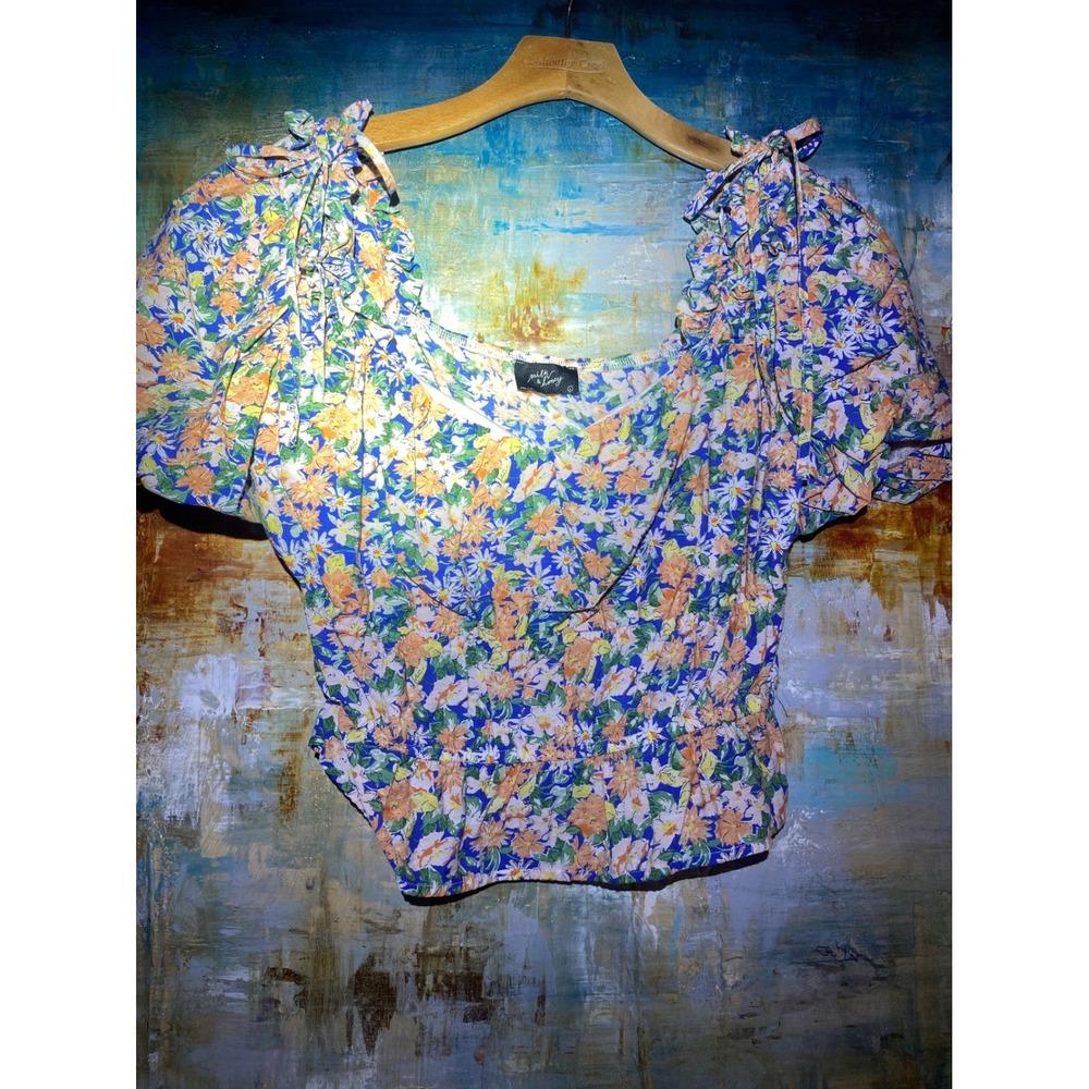 Milk & Honey Floral Puff Sleeve Crop Top Blue Orange Daisy Smocked Waist‎ Large